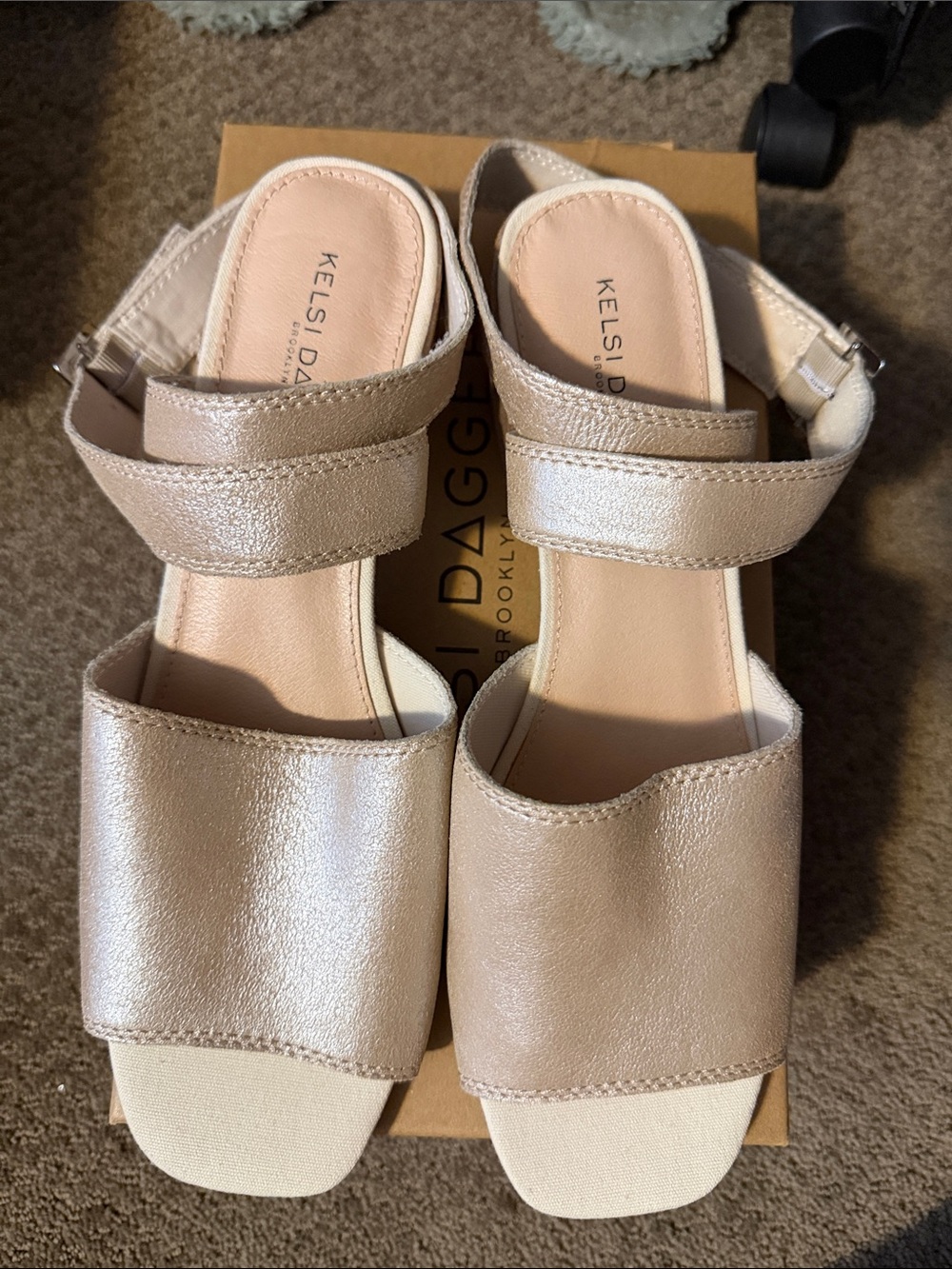 New Kelsi Dagger Shimmery Nude Metallic Block Heel Sandals